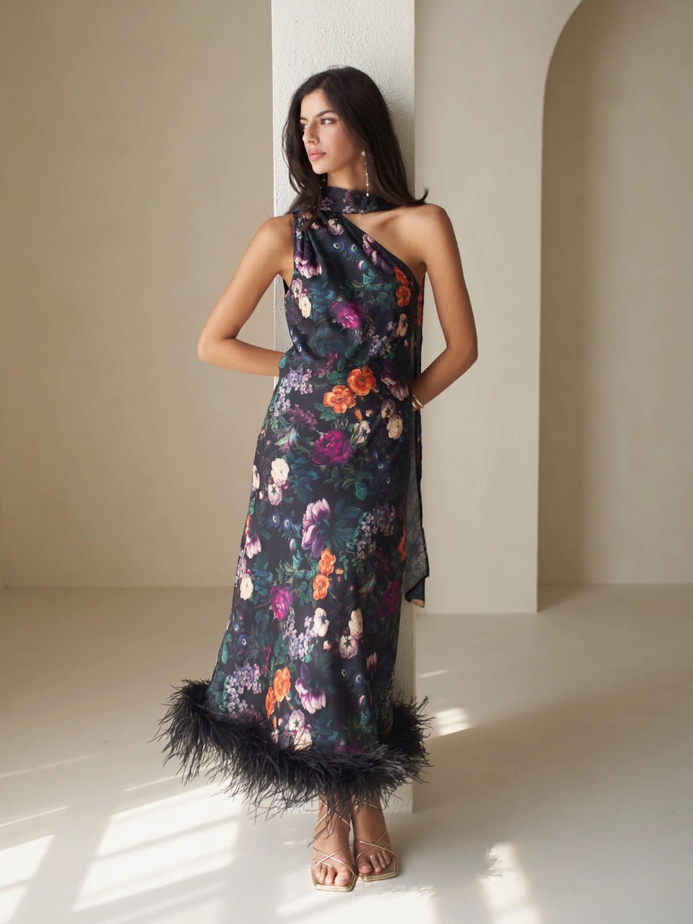One-Shoulder Black Floral Dress with Feather Hem - Picture 6 of 6